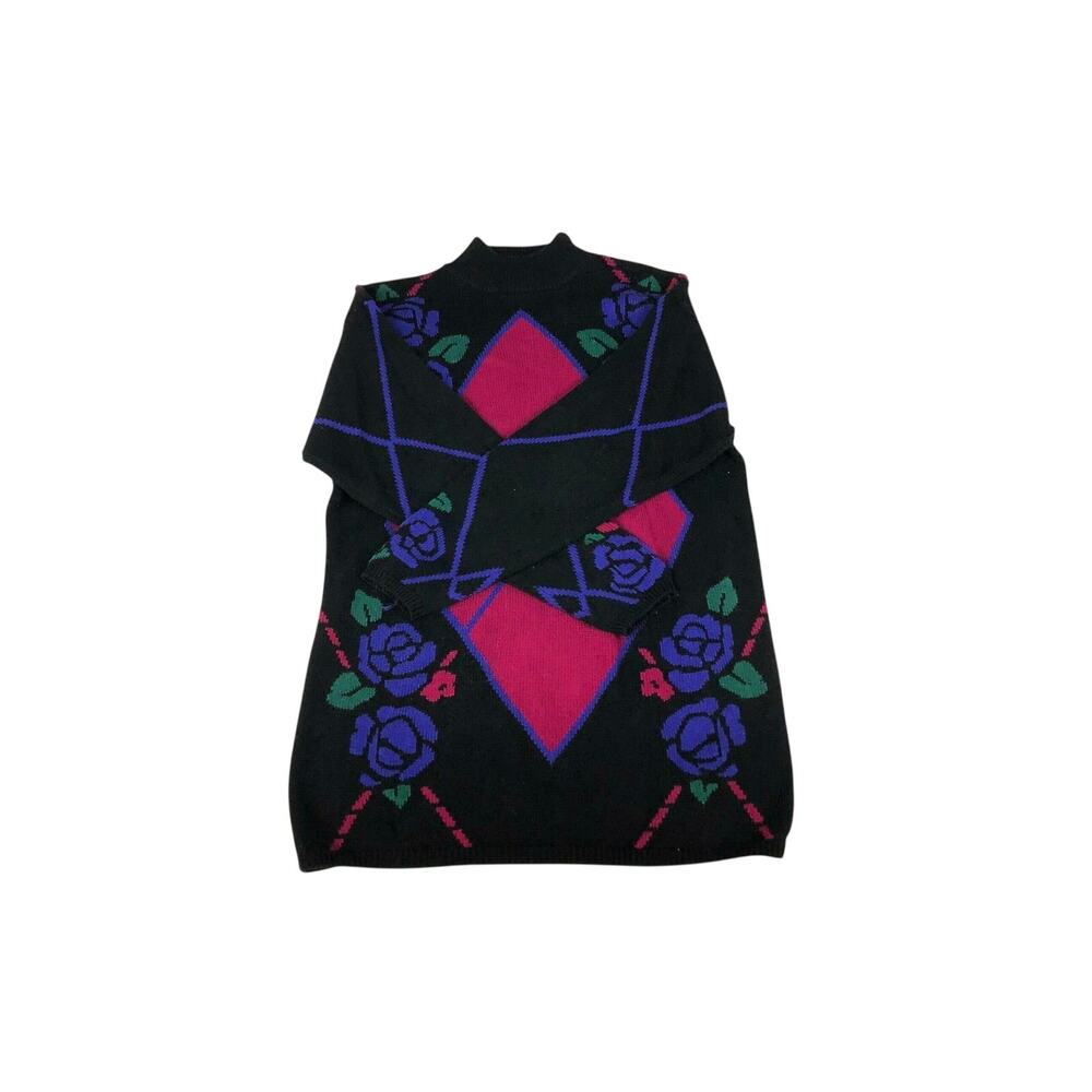 Mock Neck Argyle Sweater Casual Corner Oversized Black Pink Purple Size Medium